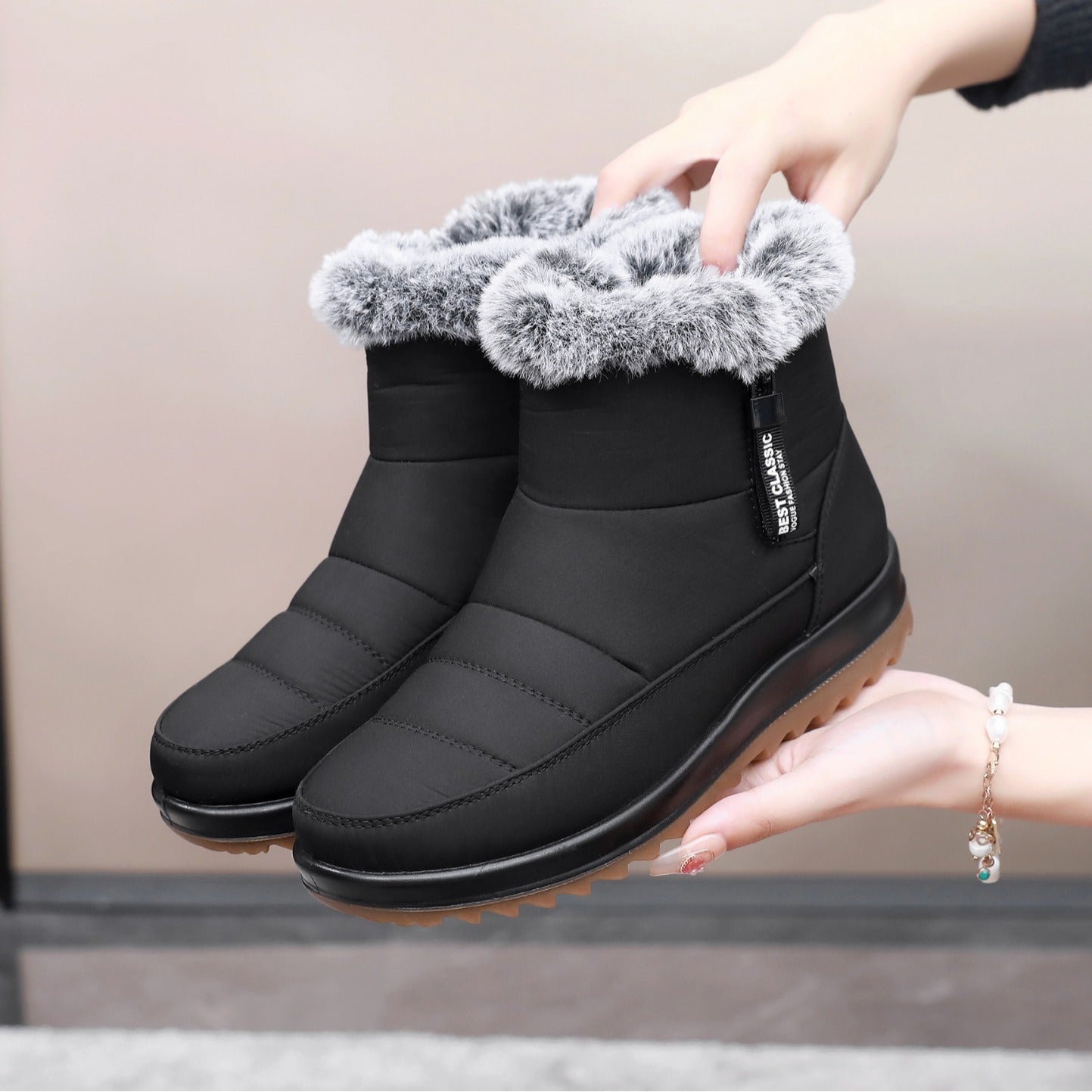 Winter Snow Boot With Side Zipper Fashion Warm Plush Ankle Boots Women's Fleece Short Shoes BAZONA