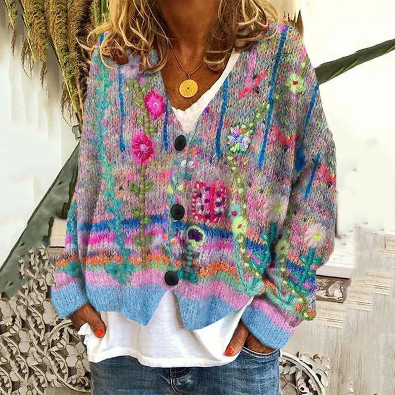 New Christmas Abstract Flowers Printing Sweater Fashion Casual Short Cardigan Coat Womens Clothing BAZONA