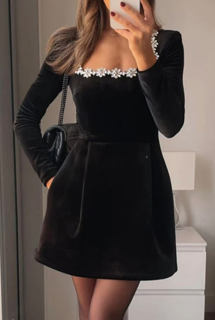 Elegant Square Neck Long-sleeved Dress With Flowers Rhinestone Design Fashion A-line Short Dresses Spring Clothing For Women BAZONA
