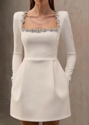 Elegant Square Neck Long-sleeved Dress With Flowers Rhinestone Design Fashion A-line Short Dresses Spring Clothing For Women BAZONA