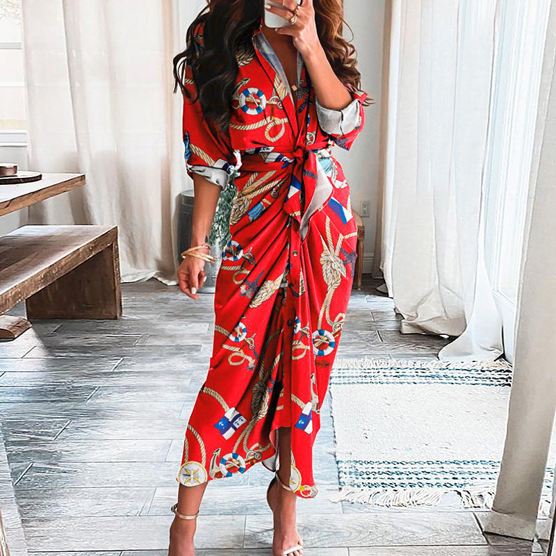 European And American Print Long-Sleeved Lace-Up Single-Breasted Shirt Dress BAZONA