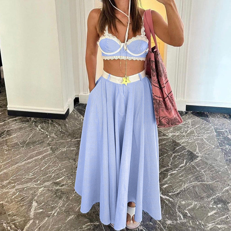 2 Pieces Lace Splicing Sling Vest High Waist Big Swing Skirt Fashion Blue Print Sets Spaghetti Strap Lace Bra And High Waisted Loose Pleated Skirts Sets BAZONA