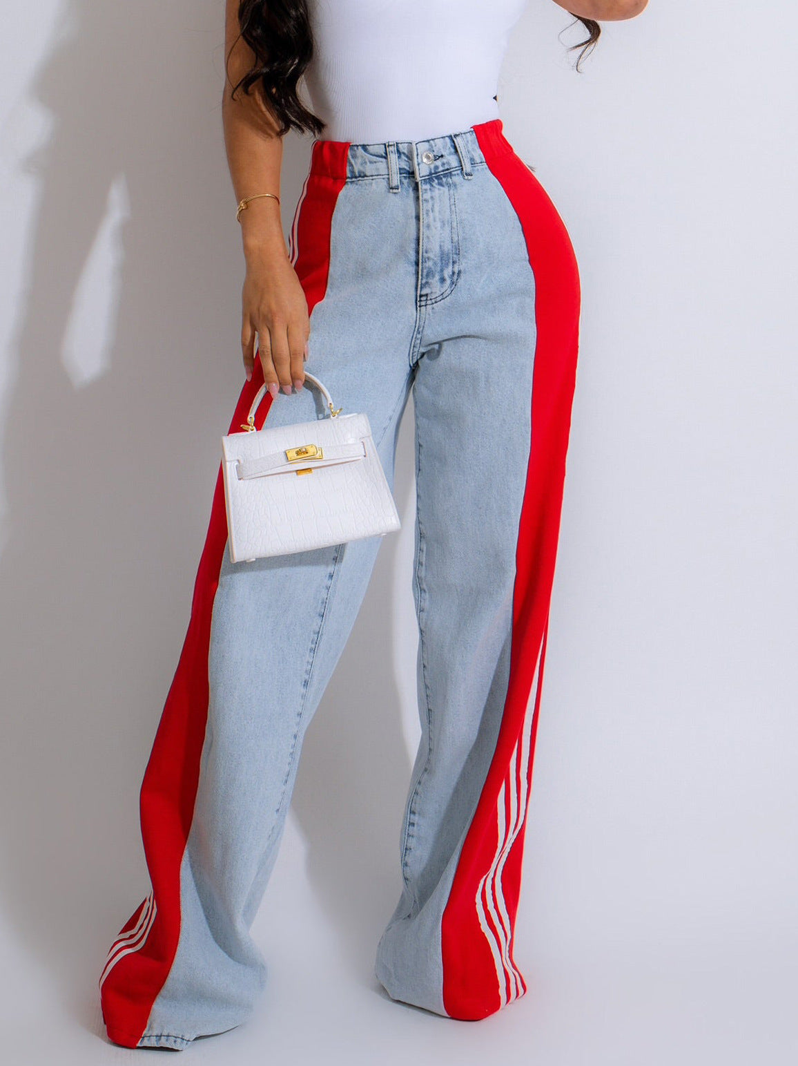 2024 Fashion Casual High Waist Elastic Straight Leg Trousers Three Stripe Patchwork Denim Wide Leg Pants Streetwear BAZONA