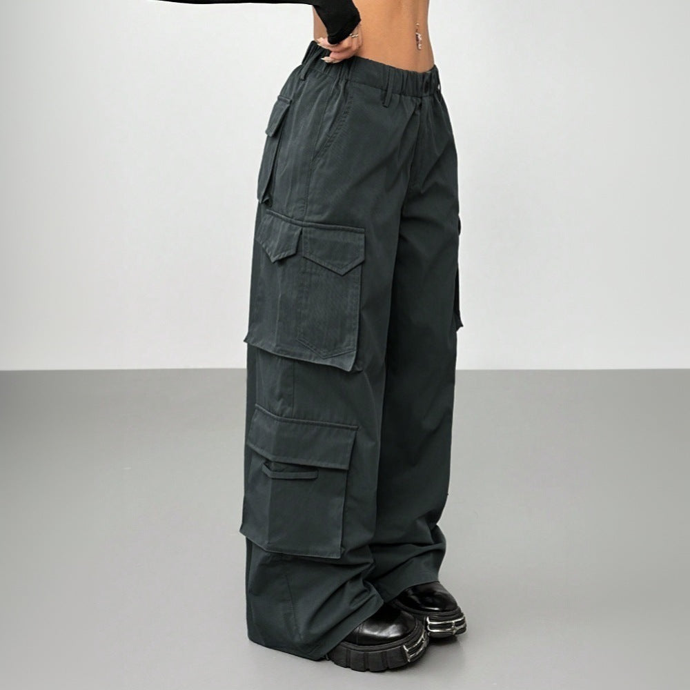 Casual Pants Elastic Waist High Waist Wide-leg Workwear Trousers BAZONA
