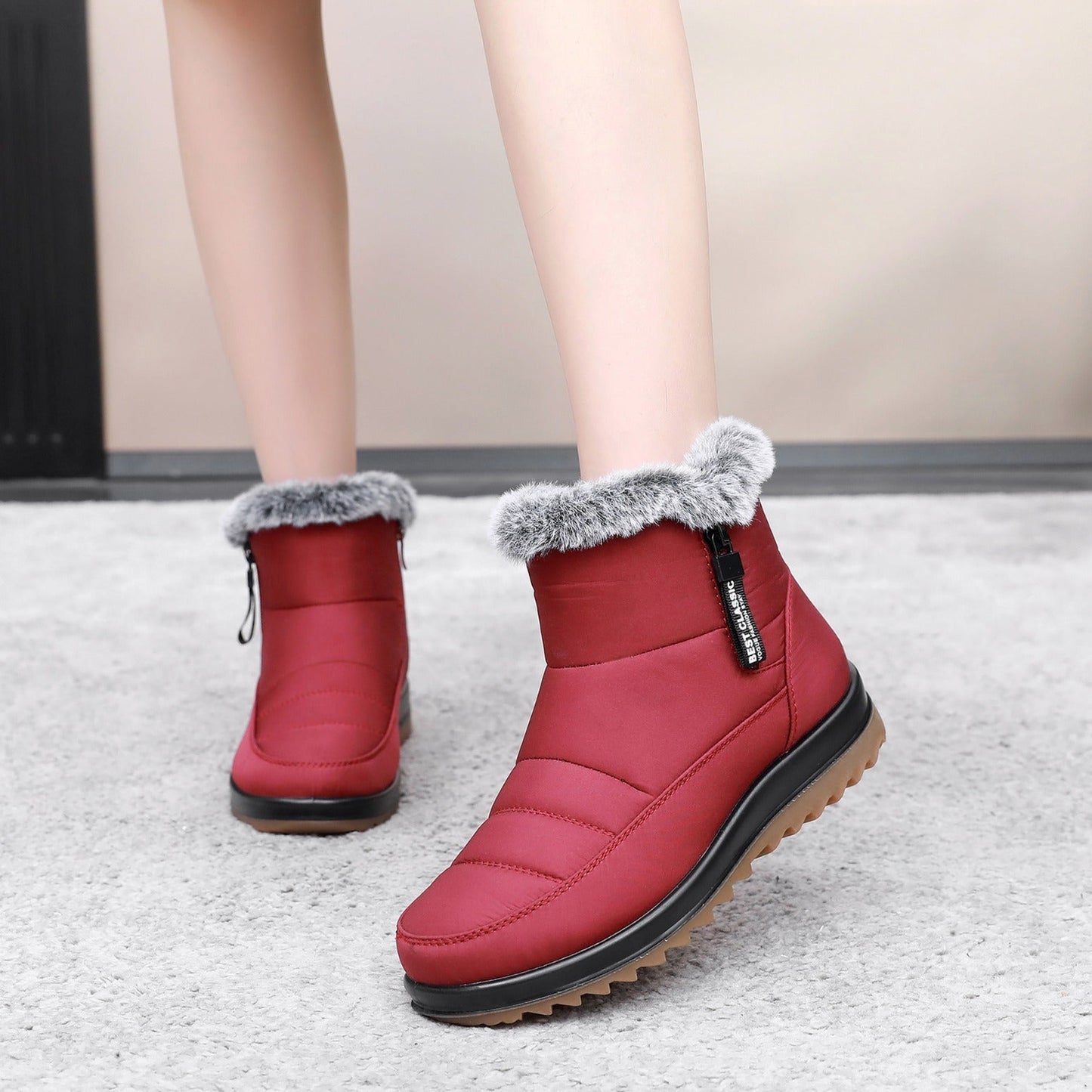 Winter Snow Boot With Side Zipper Fashion Warm Plush Ankle Boots Women's Fleece Short Shoes BAZONA