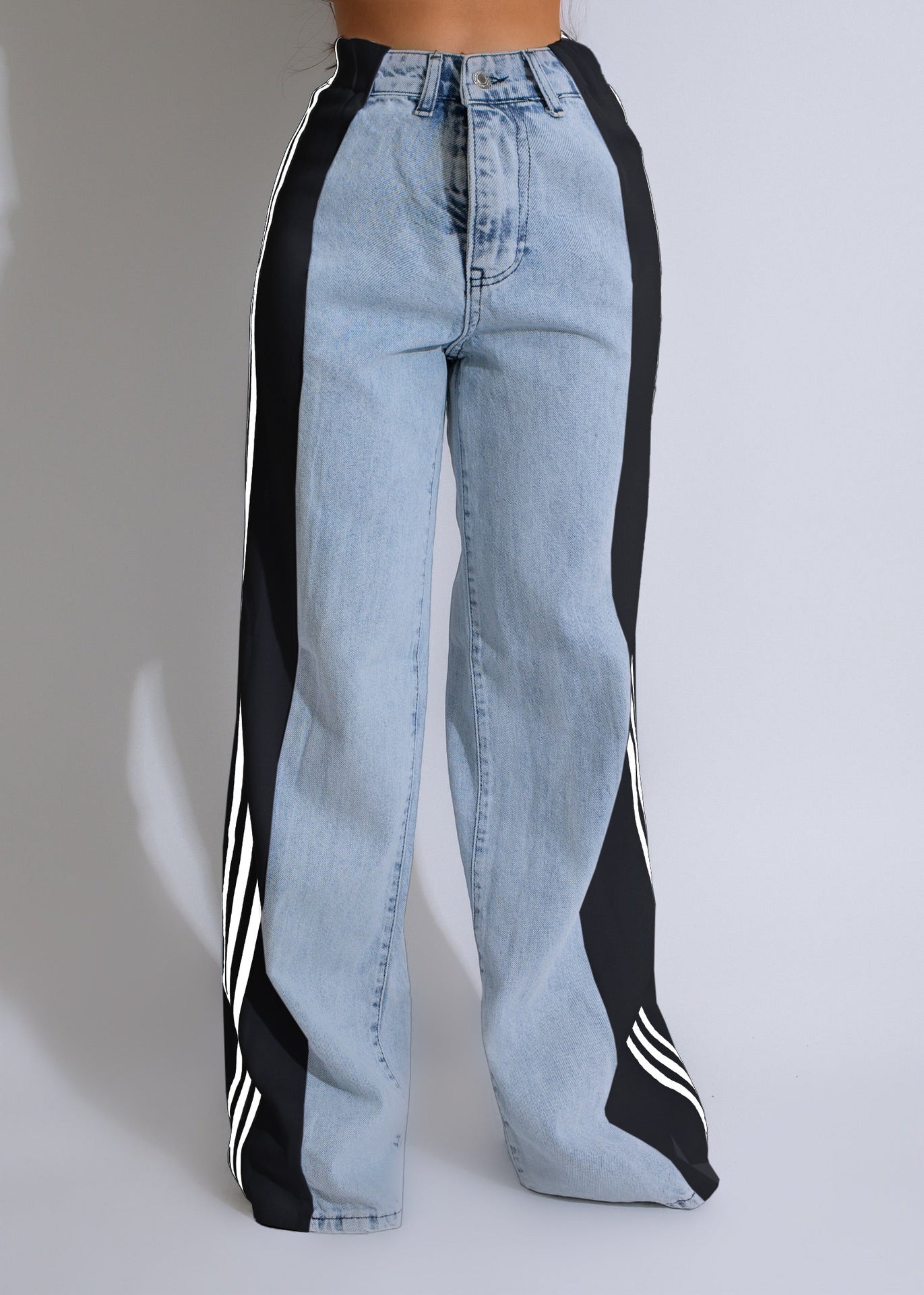2024 Fashion Casual High Waist Elastic Straight Leg Trousers Three Stripe Patchwork Denim Wide Leg Pants Streetwear BAZONA