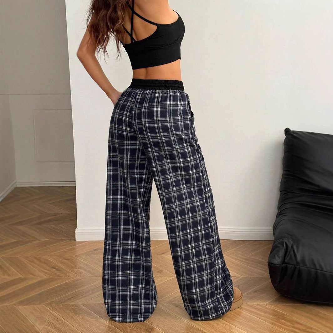 Retro Plaid Loose Casual Pants Fashion Sports Straight Pants BAZONA