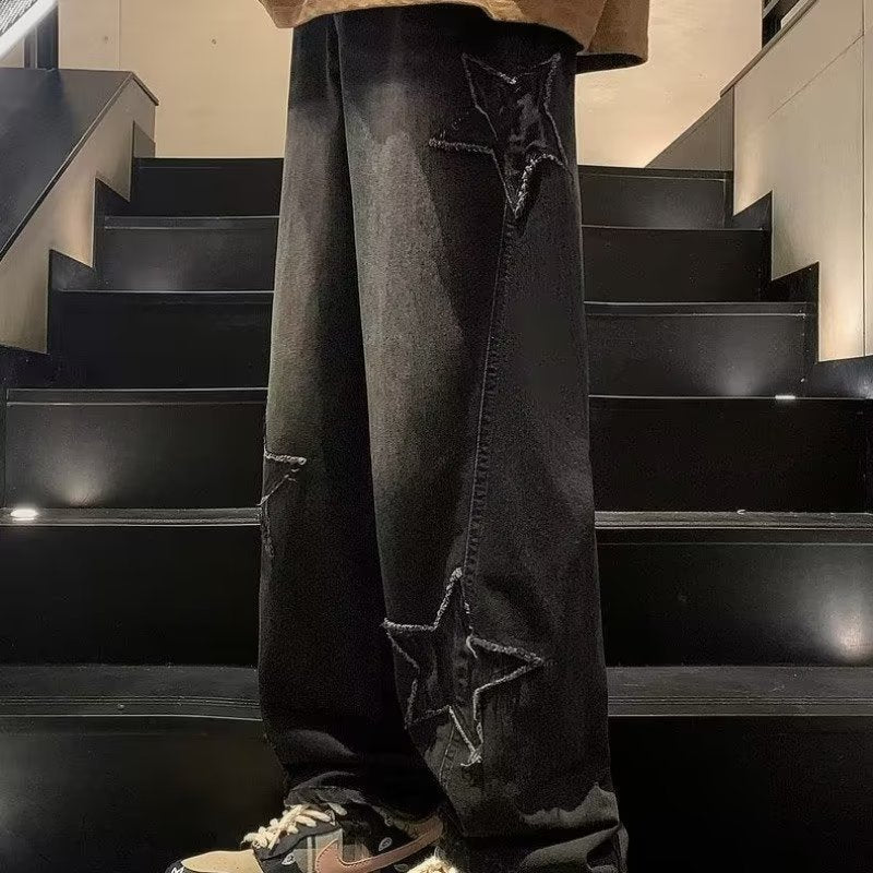 Star Embroidery Straight Casual Men Jeans Gothic Neutral New Wide Leg Loose Hip-hop Fashion Youth Streetwear Denim Trousers Y2K BAZONA