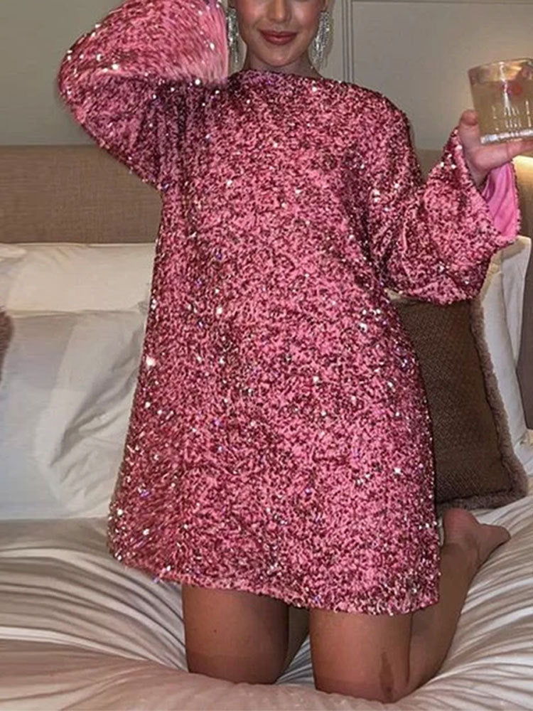 Sequined Back-Bowed Dress Fashion Round Neck Long Sleeve Dresses For Party Daily Shopping Women BAZONA
