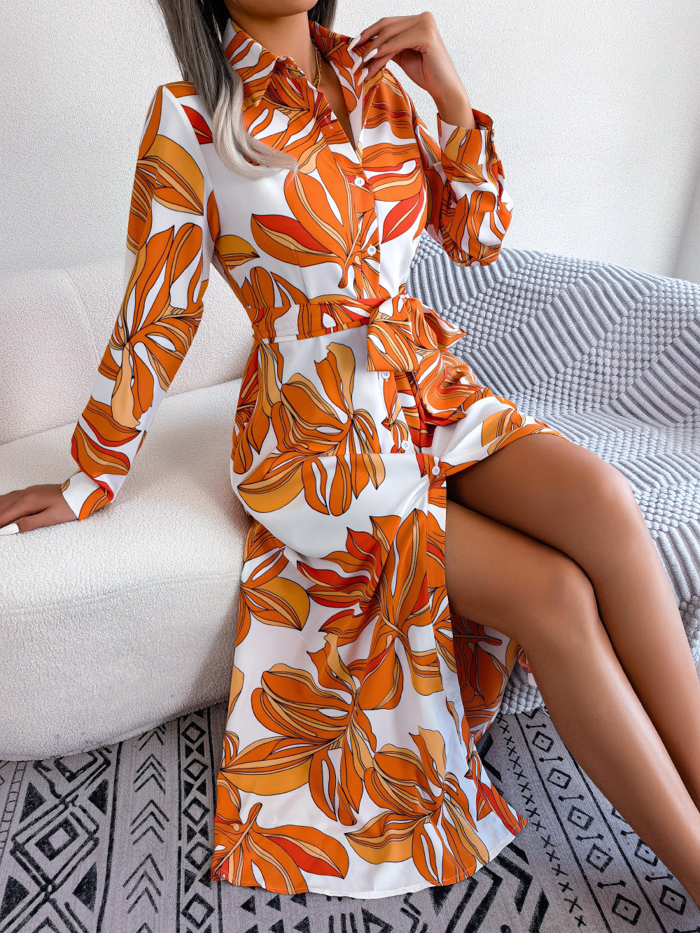 Floral Contrast Lapel Shirt Dress - Tied Waist Long Skirt Style BAZONA