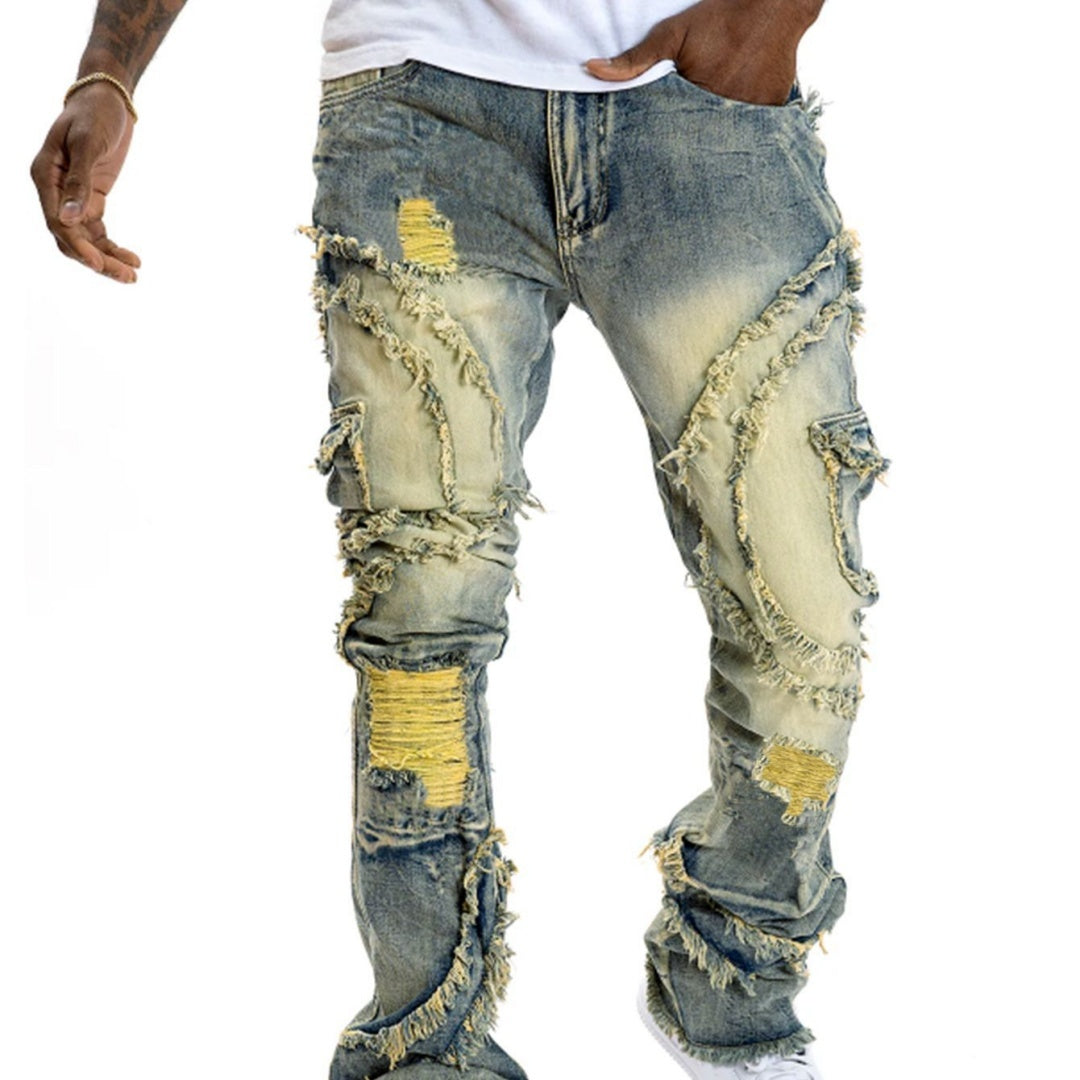 Men's Patchwork Fringe Slightly Flared Stretch Jeans BAZONA