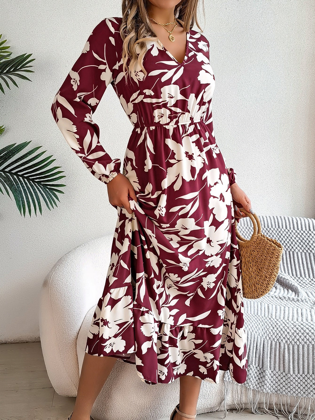 Leisure Flower Waist-controlled Long Sleeves Ruffled Dress BAZONA