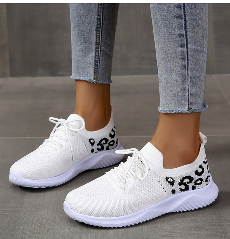 White Shoes Women Leopard Print Lace-up Sneakers Sports - bazona.com