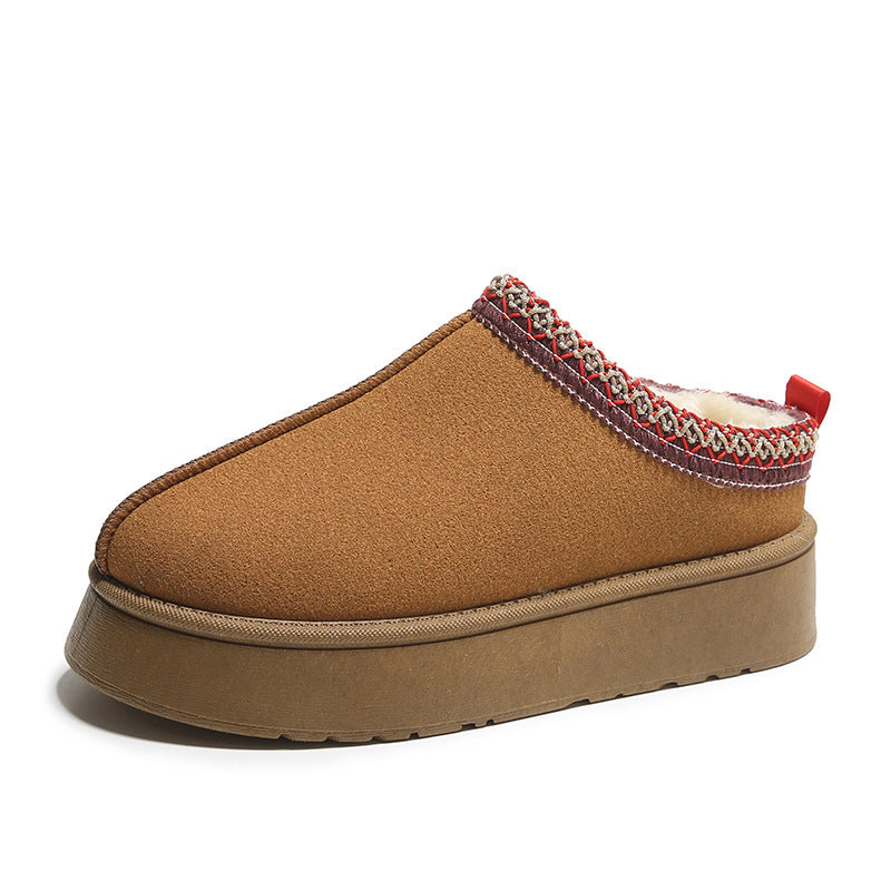 Baotou Plush Half Slippers Home Snow Boots Women's Fleece Warm Thick Bottom Cotton Shoes Ankle Flats - bazona.com