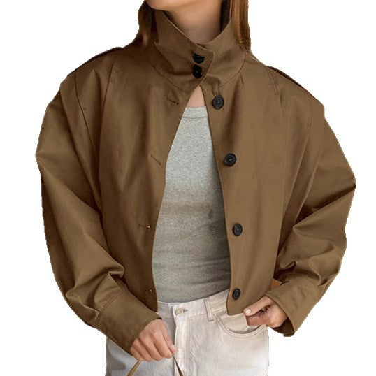 Khaki Lapel Simple Single-breasted Coat BAZONA