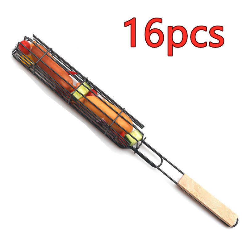 New Mesh Wooden Handle Sausage Clip Barbecue BBQ Tool Rack BAZONA