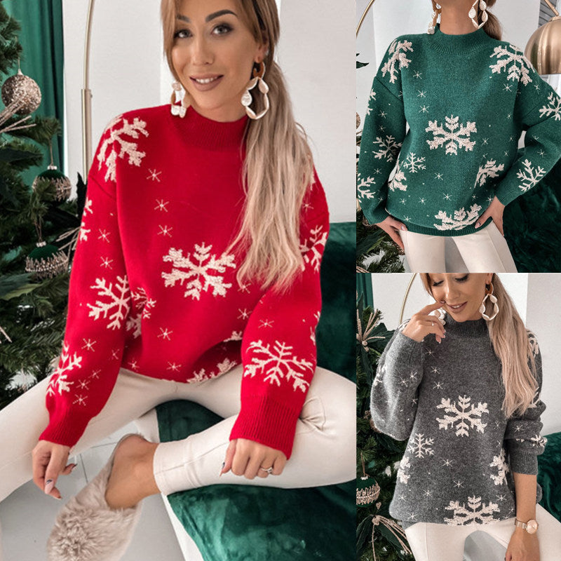 Fall Winter Women's Christmas Sweater Knitted Fluffy Loose Casual Christmas Snowflake Print Long Sleeves Pullovers Tops Streetwear BAZONA