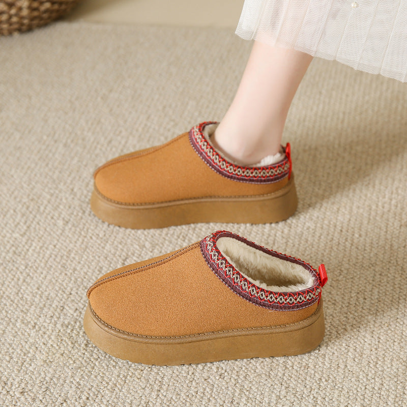 Baotou Plush Half Slippers Home Snow Boots Women's Fleece Warm Thick Bottom Cotton Shoes Ankle Flats - bazona.com