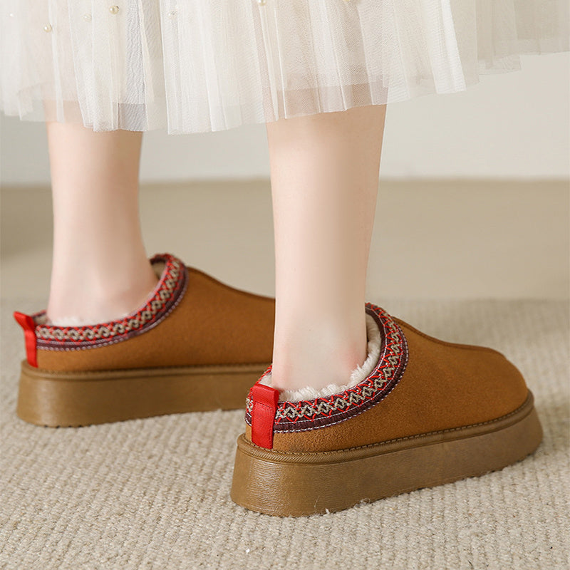 Baotou Plush Half Slippers Home Snow Boots Women's Fleece Warm Thick Bottom Cotton Shoes Ankle Flats - bazona.com