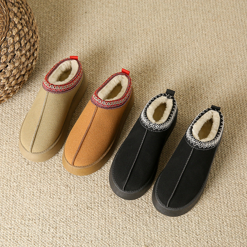 Baotou Plush Half Slippers Home Snow Boots Women's Fleece Warm Thick Bottom Cotton Shoes Ankle Flats - bazona.com