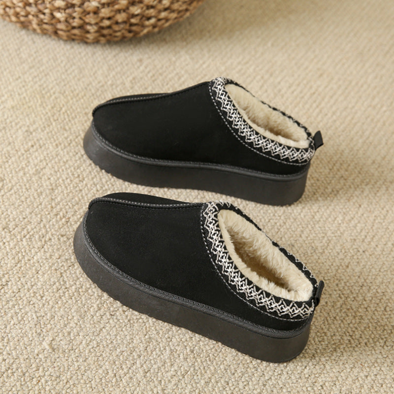 Baotou Plush Half Slippers Home Snow Boots Women's Fleece Warm Thick Bottom Cotton Shoes Ankle Flats - bazona.com