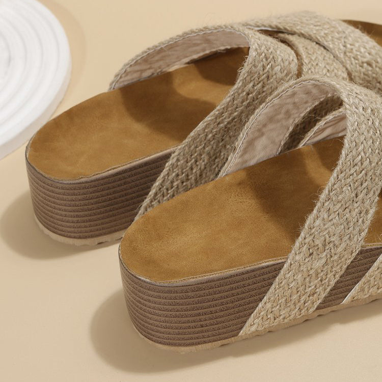 Woven Cross-strap Slippers Summer Platform Sandals Women Flat Beach Shoes BAZONA