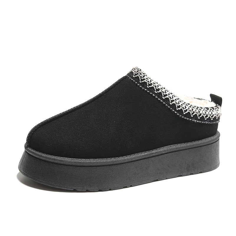 Baotou Plush Half Slippers Home Snow Boots Women's Fleece Warm Thick Bottom Cotton Shoes Ankle Flats - bazona.com