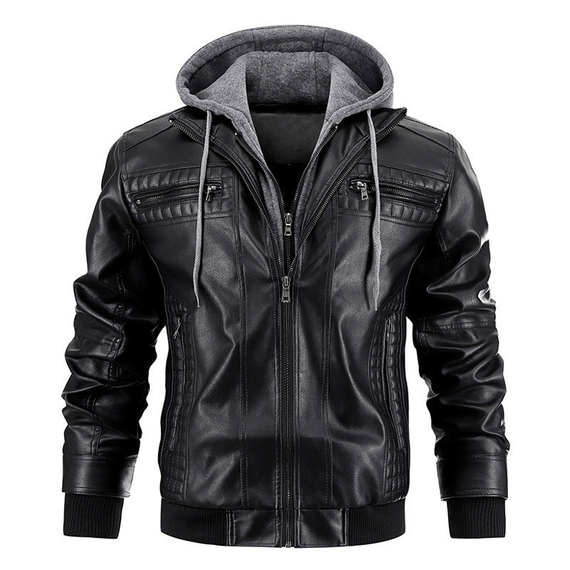 Hooded Jacket With Zipper Pockets Fashion Warm Pu Leather Coat Mens Clothing BAZONA