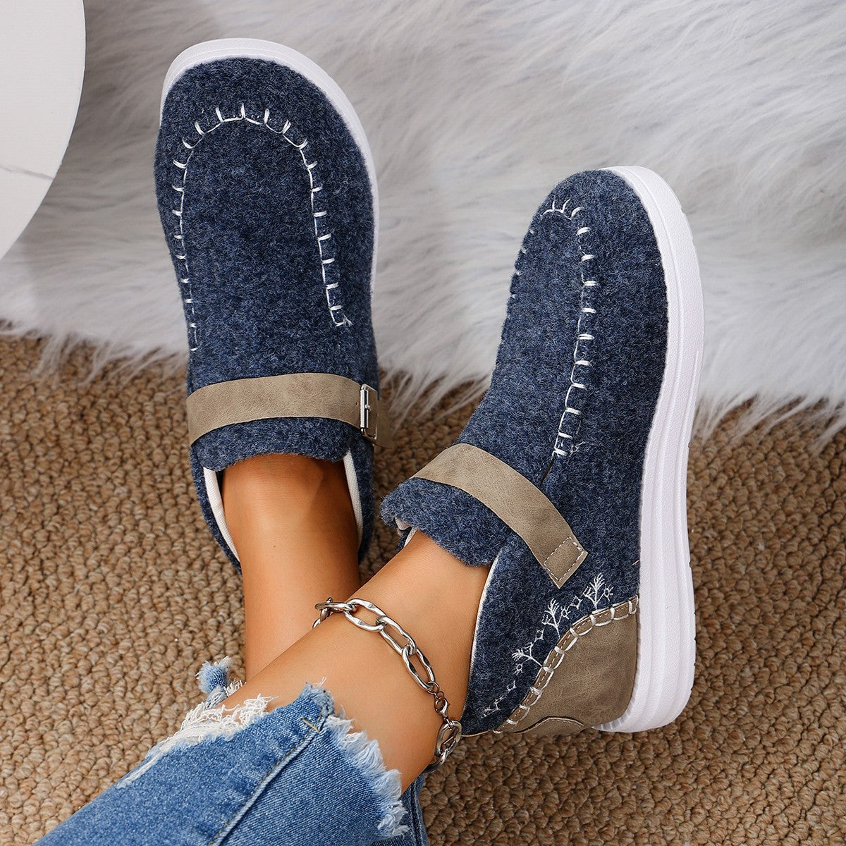 Thick Burr Warm Flat Bottom Cotton Shoes BAZONA