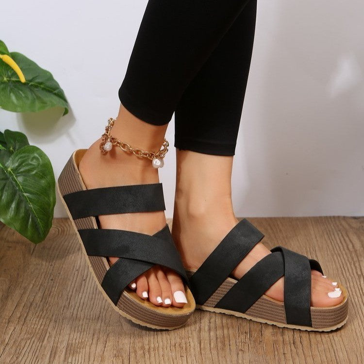 Woven Cross-strap Slippers Summer Platform Sandals Women Flat Beach Shoes BAZONA