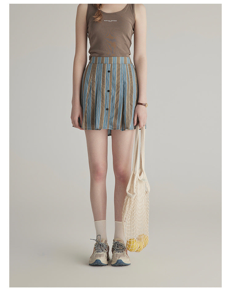 Summer High-grade Sun-proof Set Women's Loose Design Light Striped Shirt Top Temperament Waist-controlled Short Skirt BAZONA
