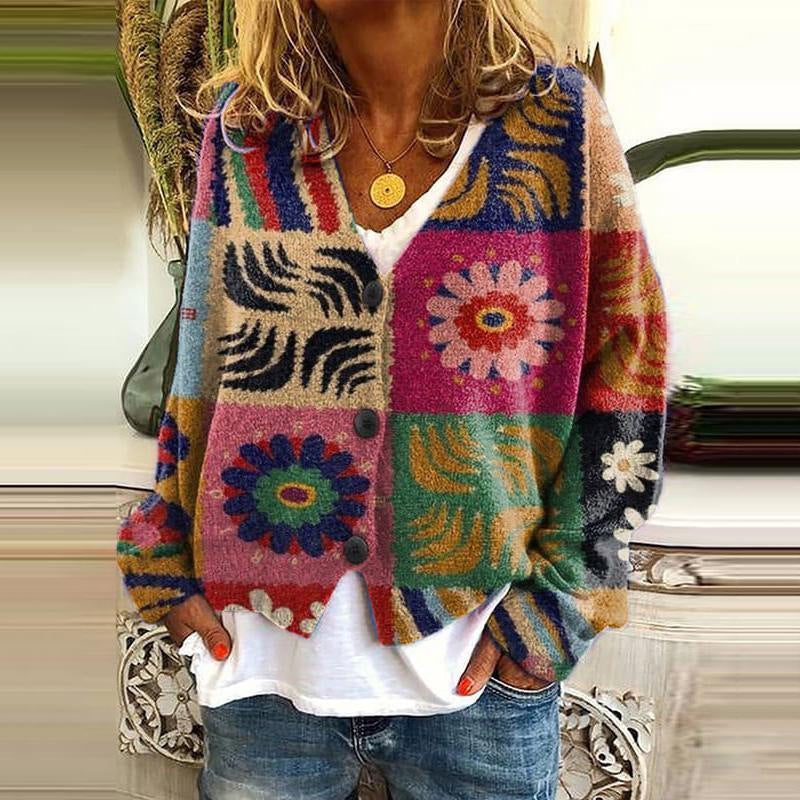 New Christmas Abstract Flowers Printing Sweater Fashion Casual Short Cardigan Coat Womens Clothing BAZONA