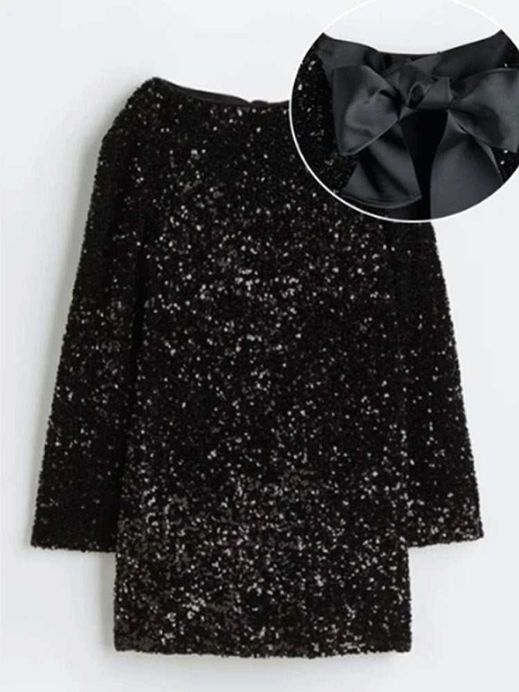 Sequined Back-Bowed Dress Fashion Round Neck Long Sleeve Dresses For Party Daily Shopping Women BAZONA