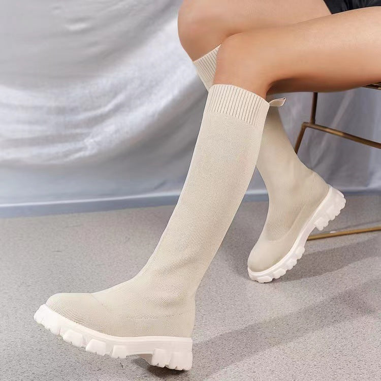 Fashion Knitted Boots Women's Flyweaving Breathable Thick-soled Skinny Boots Winter Fall Shoes BAZONA