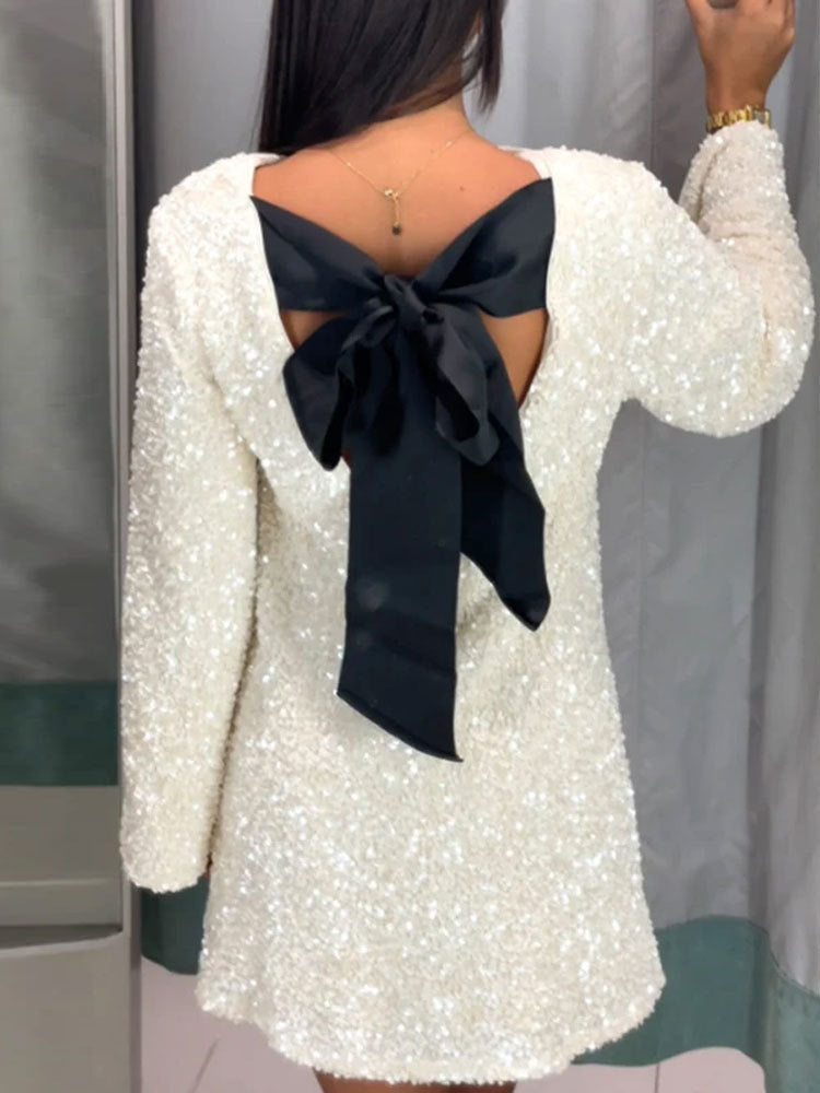 Sequined Back-Bowed Dress Fashion Round Neck Long Sleeve Dresses For Party Daily Shopping Women BAZONA