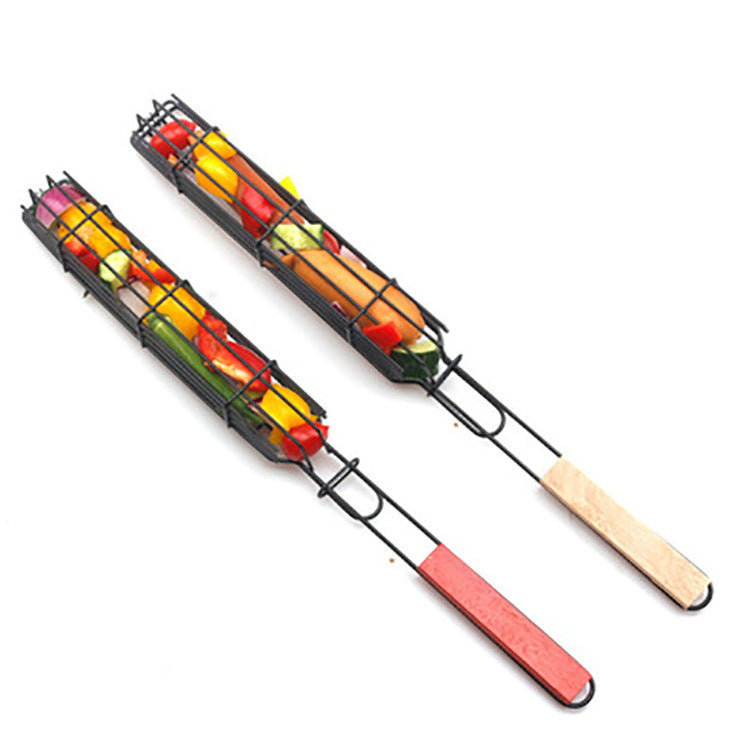 New Mesh Wooden Handle Sausage Clip Barbecue BBQ Tool Rack BAZONA