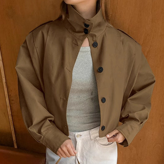 Khaki Lapel Simple Single-breasted Coat BAZONA