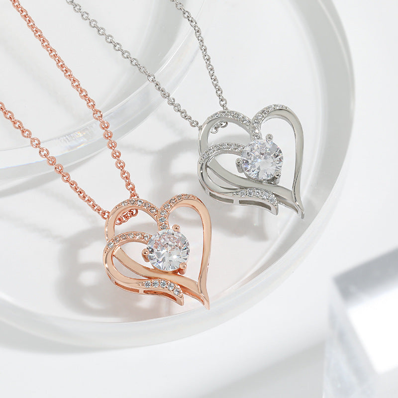 Zircon Double Love Necklace With Rhinestones Ins Personalized Heart-shaped Necklace Clavicle Chain Jewelry For Women Valentine's Day BAZONA