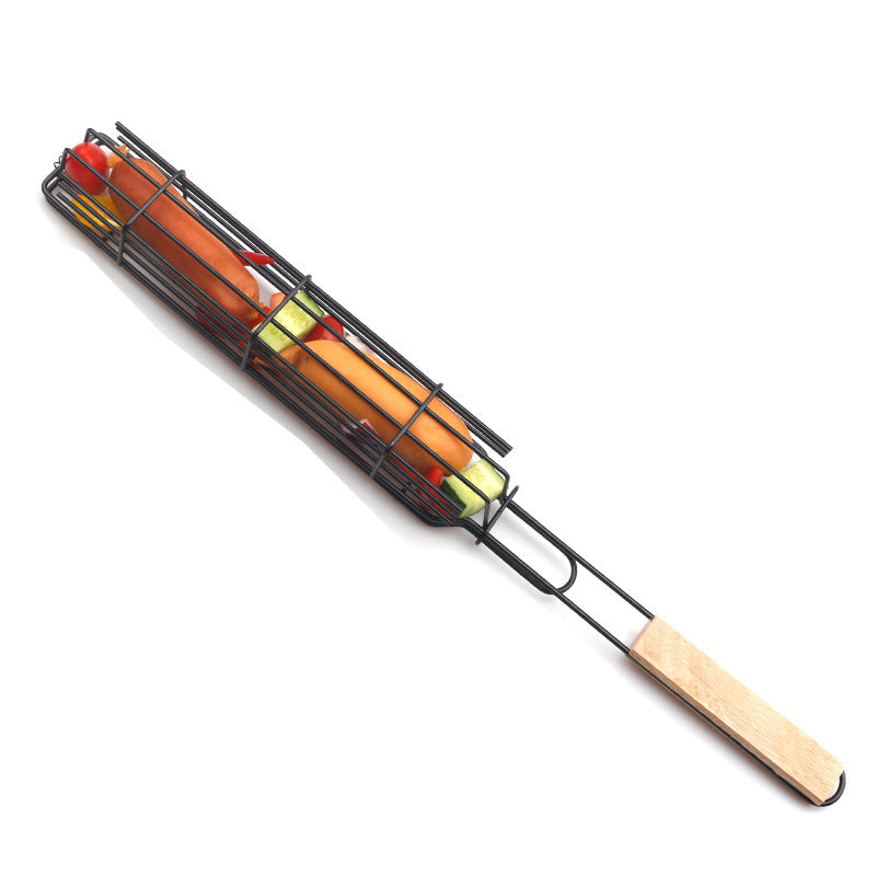 New Mesh Wooden Handle Sausage Clip Barbecue BBQ Tool Rack BAZONA