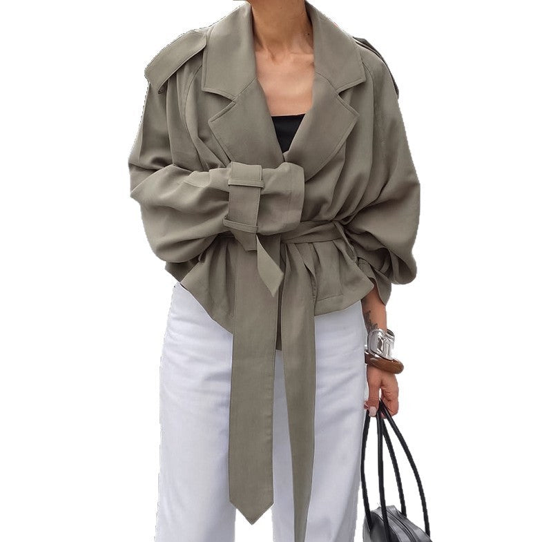 Women's Large Lapel Lace-up Trench Coat Fashionable Jacket BAZONA