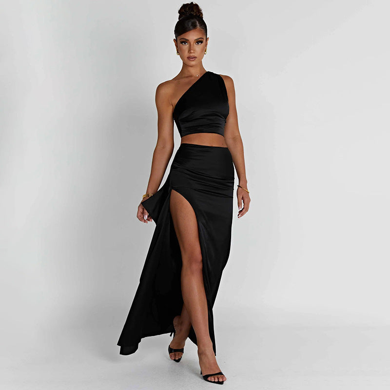 One-shoulder Satin Short Top High Waist Split Maxi Dress E BAZONA
