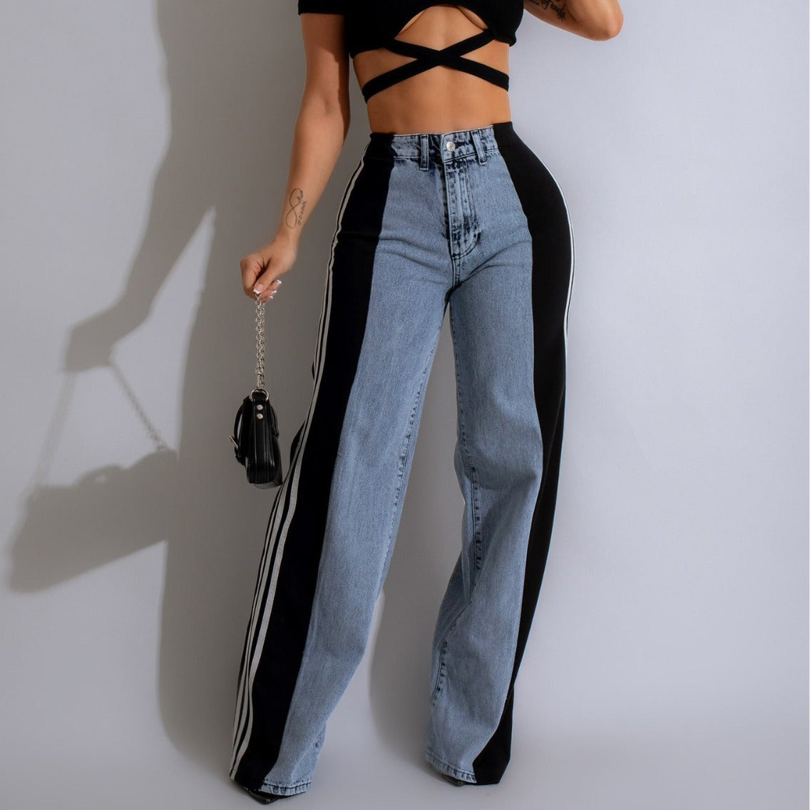 2024 Fashion Casual High Waist Elastic Straight Leg Trousers Three Stripe Patchwork Denim Wide Leg Pants Streetwear BAZONA