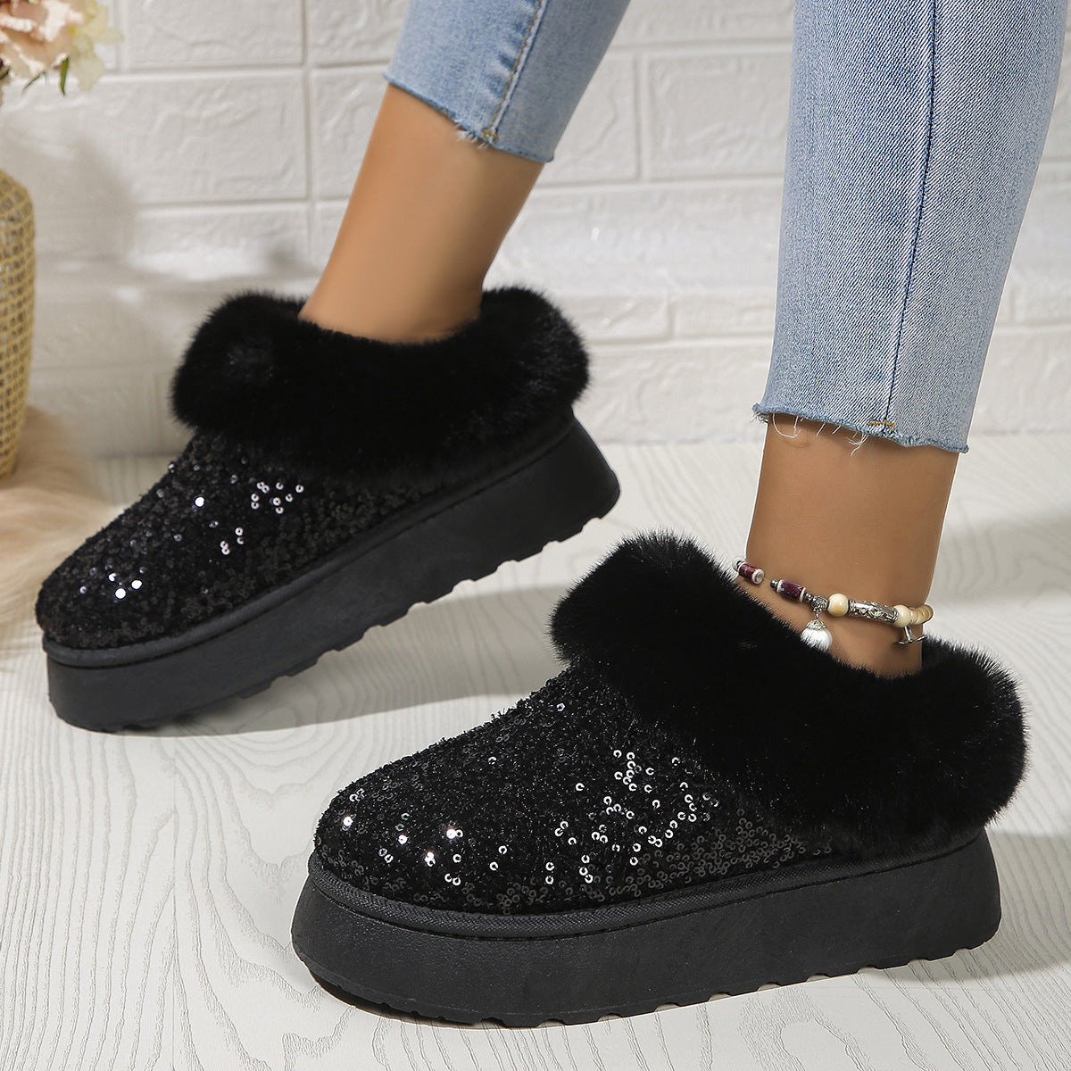 Fashion Sequined Thick-soled Plush Shoes Winter Indoor And Outdoor Casual Warm Slippers Women Garden House Shoes BAZONA