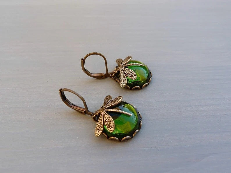 Fashion Jewelry Women's Earrings Hanging Vintage Dragonfly Pendant Earring Boho Chakra Blue Moonstone Drop Earrings For Women Wedding Charm Ethnic Jewellery BAZONA