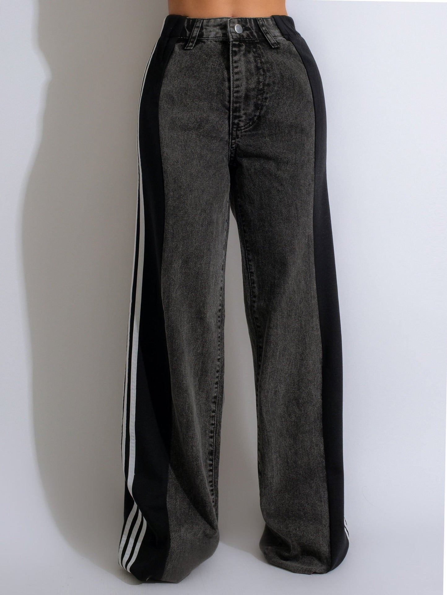 2024 Fashion Casual High Waist Elastic Straight Leg Trousers Three Stripe Patchwork Denim Wide Leg Pants Streetwear BAZONA