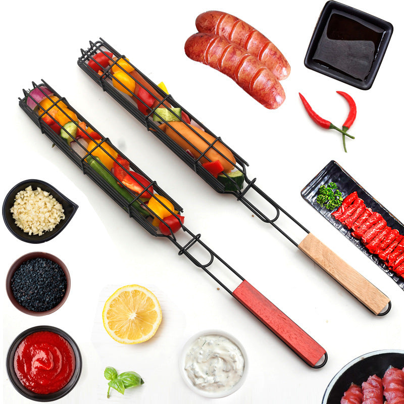 New Mesh Wooden Handle Sausage Clip Barbecue BBQ Tool Rack BAZONA