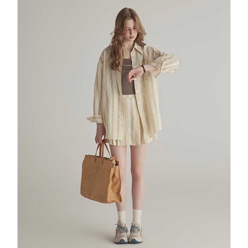 Summer High-grade Sun-proof Set Women's Loose Design Light Striped Shirt Top Temperament Waist-controlled Short Skirt BAZONA
