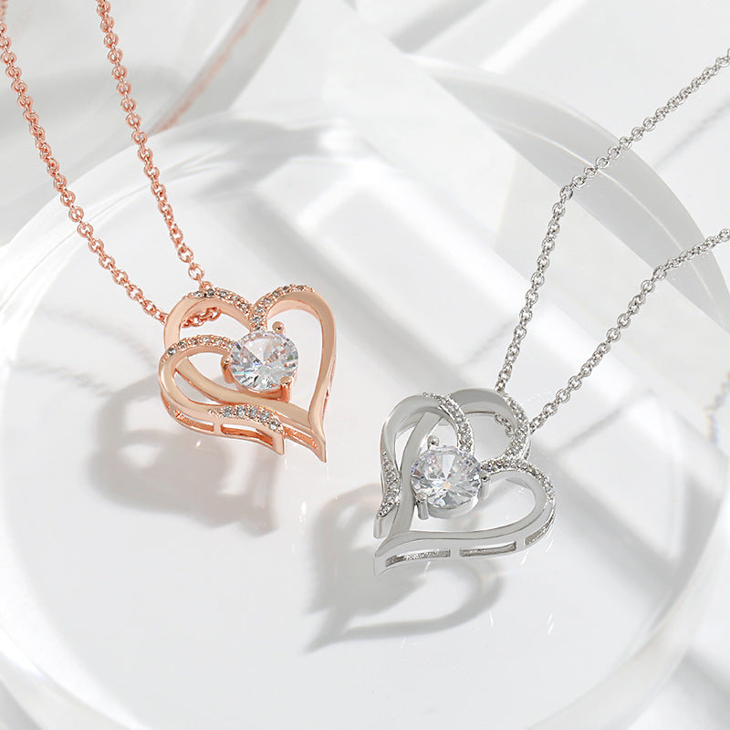 Zircon Double Love Necklace With Rhinestones Ins Personalized Heart-shaped Necklace Clavicle Chain Jewelry For Women Valentine's Day BAZONA