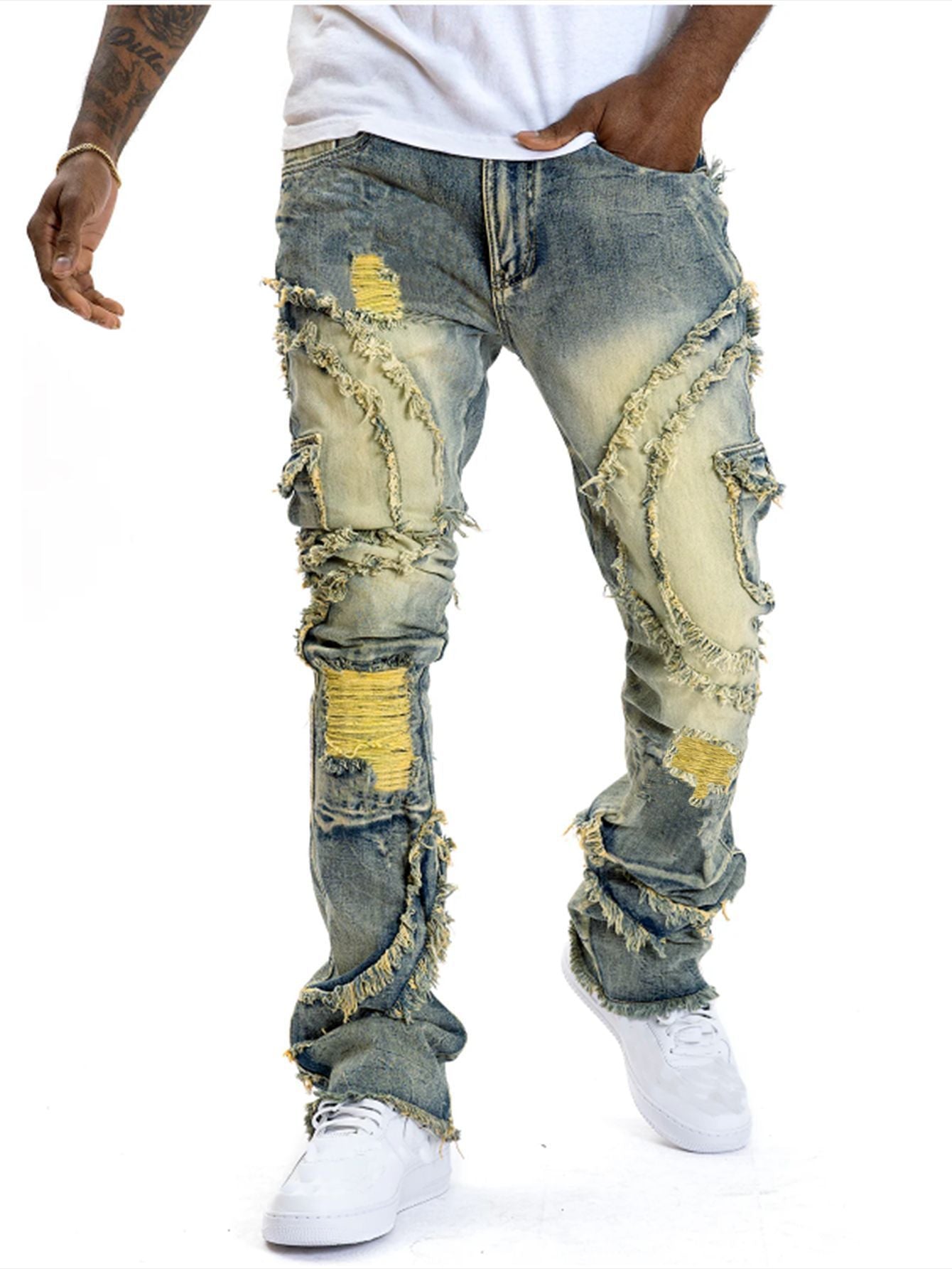 Men's Patchwork Fringe Slightly Flared Stretch Jeans BAZONA