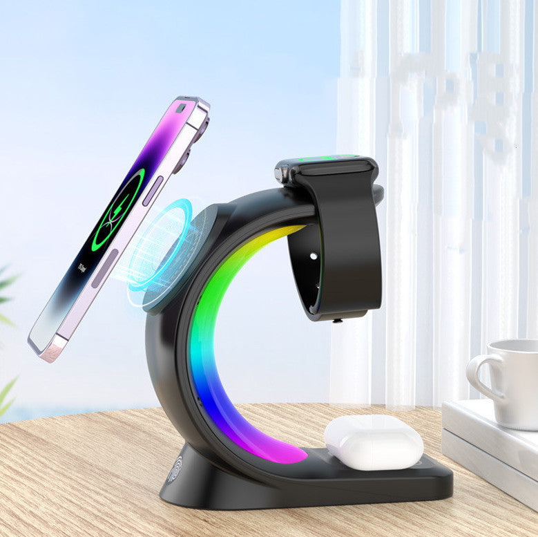 4 In 1 Magnetic Wireless Charger Fast Charging For Smart Phone Atmosphere Light Charging Station For Airpods Pro I-phone Watch BAZONA